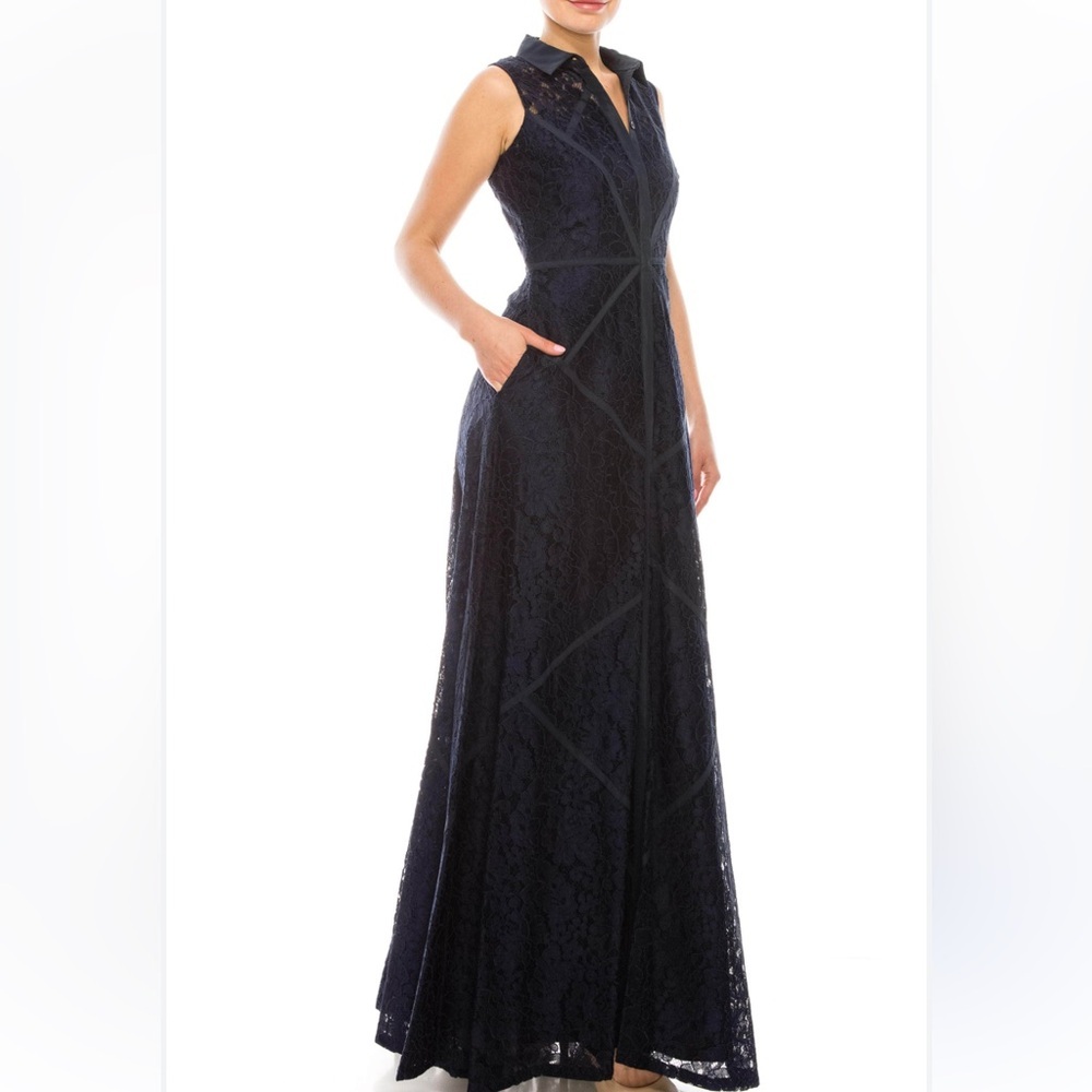 Aidan Mattox sz 4 twilight blue floor length lace gown dress buttons collar $700 - Picture 4 of 16